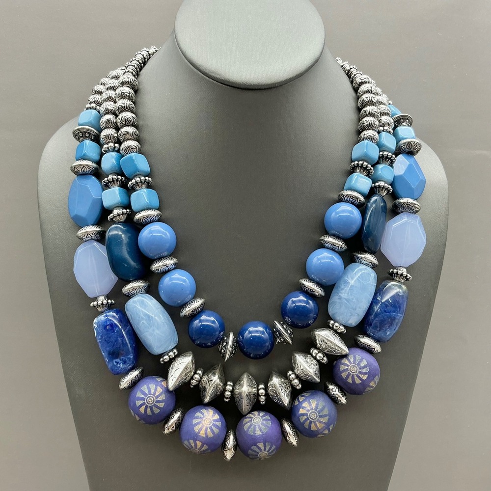 BOCAR Necklace Blue Purple Multi Strand Beaded Silver Tone Statement Boho 22"